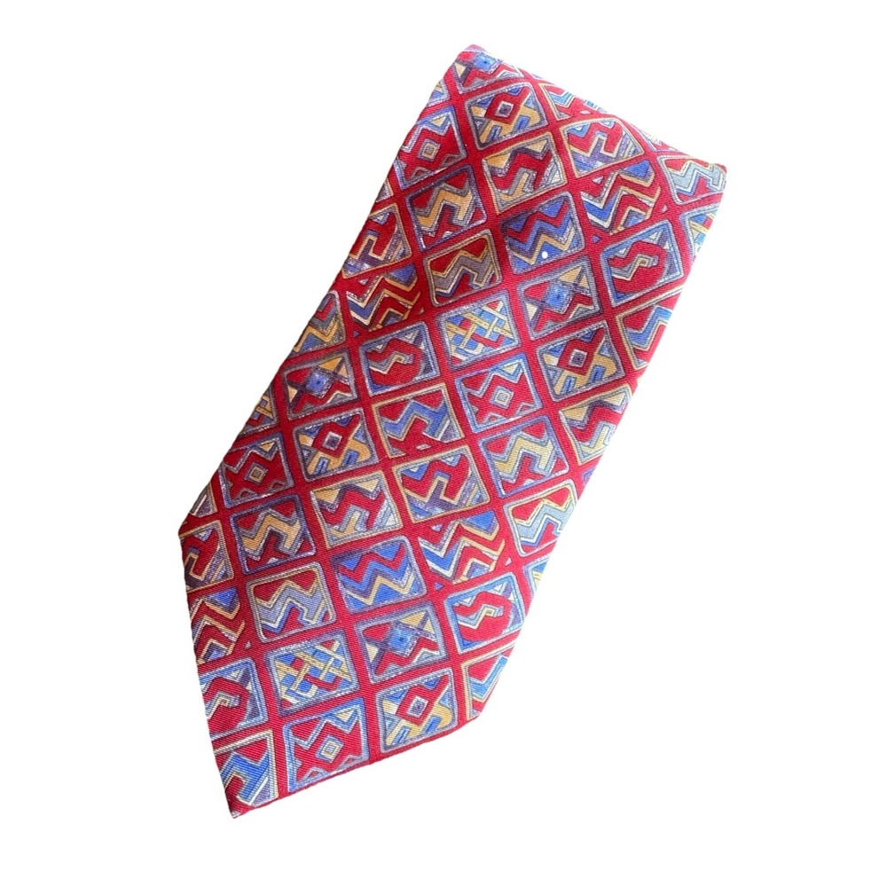 Gino Pompeii 100% Silk Men's Tie Red Blue Gold Abstract